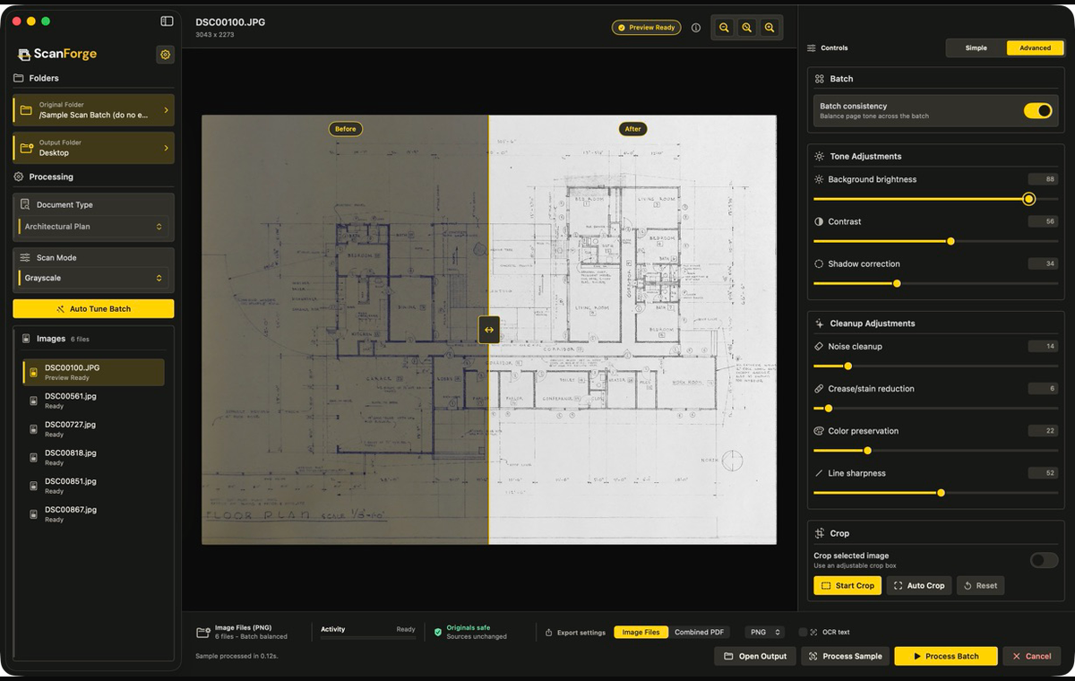 ScanForge showing an architectural plan before cleanup on the left and the brighter processed result on the right